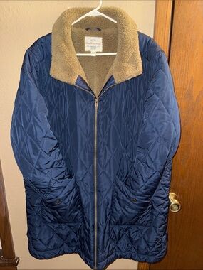 Weatherproof Navy Quilted Puffer Coat with Tan Sherpa Collar